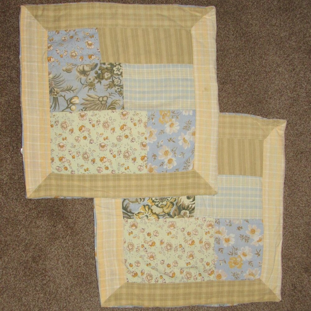Lot of 2 Vtg APRIL CORNELL 2000 Blue Yellow Floral Plaid Patchwork Pillow Covers